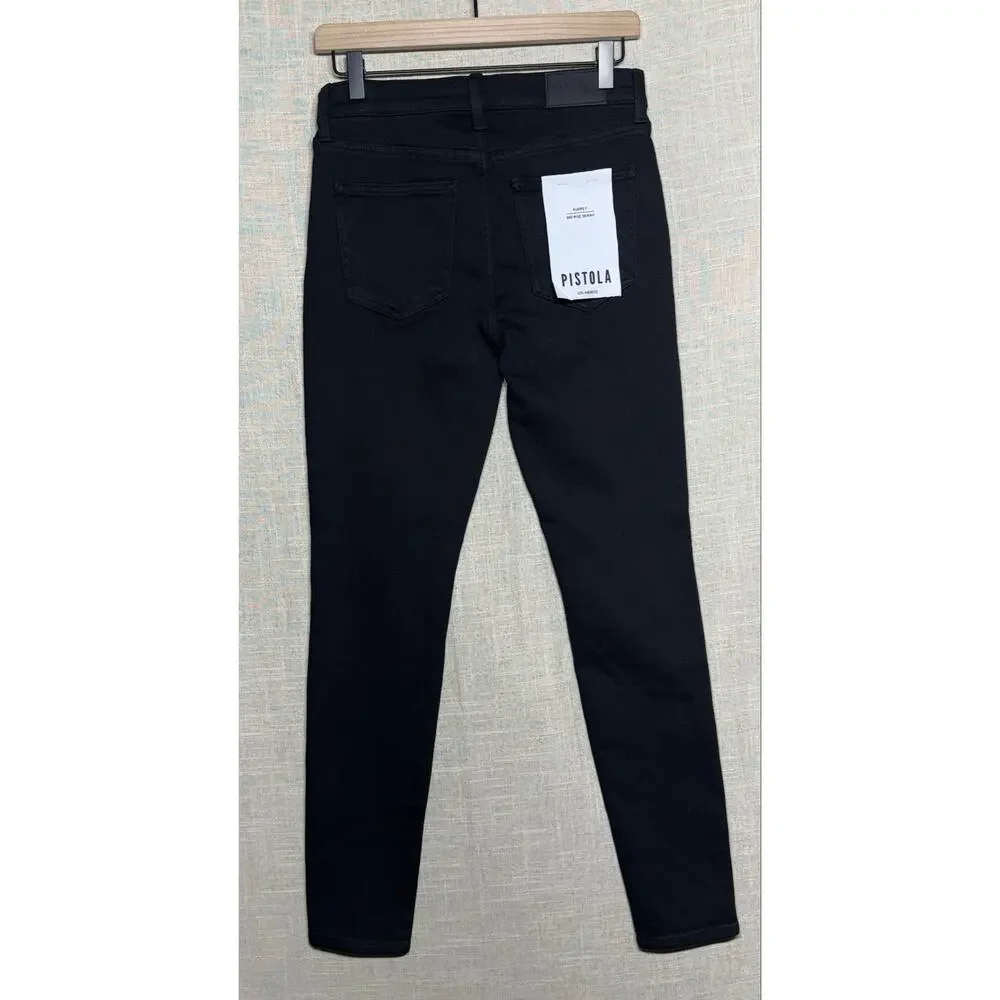 Pistola Audrey Mid Rise Skinny Jeans Dark Vinyl Black Stretch Size 27 NWT